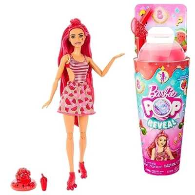 Image of Barbie Pop Reveal Fruit Series Doll, Watermelon Crush Theme with 8 Surprises Including Pet &amp; Accessories, Slime, Scent Color Change, HNW43