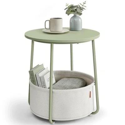 Image of VASAGLE Side Table, Round End Table with Fabric Basket, Spacious, for Living Room Bedroom, Bedside Modern Style, Laurel Green and Cream White LET223C69