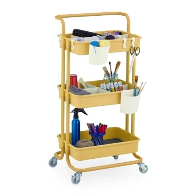 Image of Storage Trolley, 3 Shelves, Cart for Kitchen, Bathroom &amp; Office, Rolling Shelf, hwd: 86 x 42.5 36 cm, Yellow Relaxdays