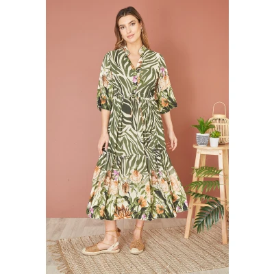 Image of Yumi Womens Green Viscose Zebra And Floral Print Midi Dress Size 12 UK