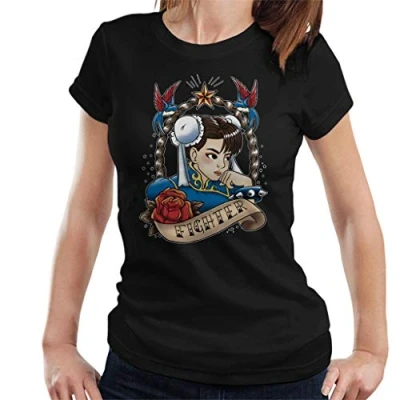 Image of Cloud City 7 Chun Li Old School Tattoo Street Fighter Girl Women&#039;s T Shirt Black