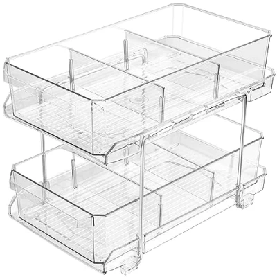 Image of Belle Vous 2 Tier Bathroom Storage Organiser with Pull Out Drawers Multi Purpose Shelf for Under Sink, Kitchen Cupboard, Medicine Cabinet, Pantry or Countertop Sliding Baskets &amp; Dividers