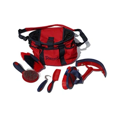 Image of Rhinegold RED Grooming Bag with KIT, 7 Pieces Equestrian Gift Set that Includes All Types of Horse Hair Brush, Curry Comb, and Hoof Pick a Multipurpose
