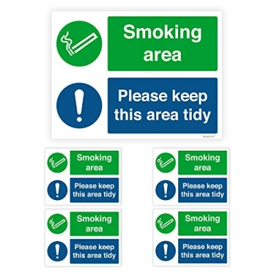 Image of Pack of 5 Smoking Area Sign Outdoor Self adhesive Waterproof Vinyl Sticker 150mmx200mm V1165