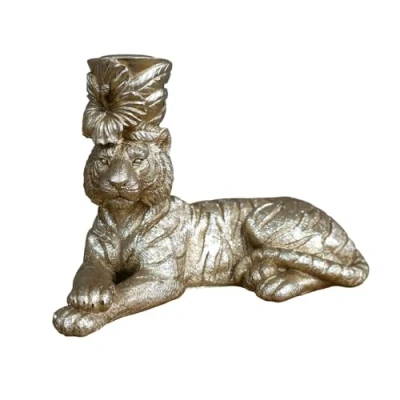 Image of Laying Tiger Gold Candle Holder, Tapered Pillar Candlestick Metallic Novelty, Home Decor Table Centrepiece