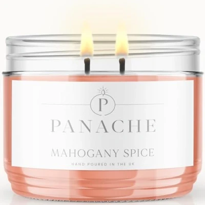 Image of Panache Double Wicked Scented Candles Mahogany Spice 350 gram Jar Candle Natural Soy Wax 48 Hours Burn Great Gift Set for Men