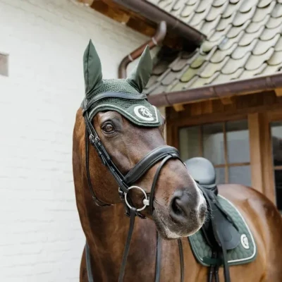 Image of Kentucky Horsewear Fly Hood Wellington 3D Logo Rope Pine Green Full Size Horse &amp; Equestrian