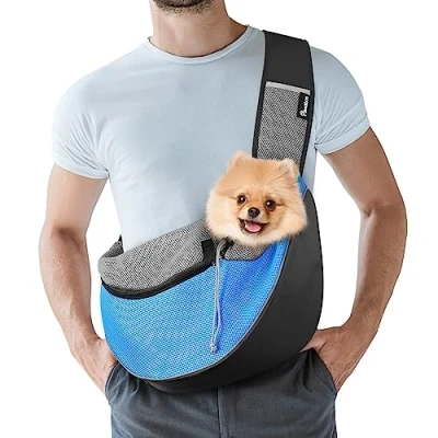 Image of Pawaboo Pet Dog Sling Carrier, Hand Free Drawstring Papoose with Adjustable Strap, Breathable Mesh Bag for Puppy Cat, Crossbody Satchel Purse Pocket Outdoor Travel, Light Blue, Large