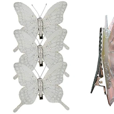 Image of Christmas 3 Pack Clip on Feather Butterfly with Glitter Tree Decoration Silver