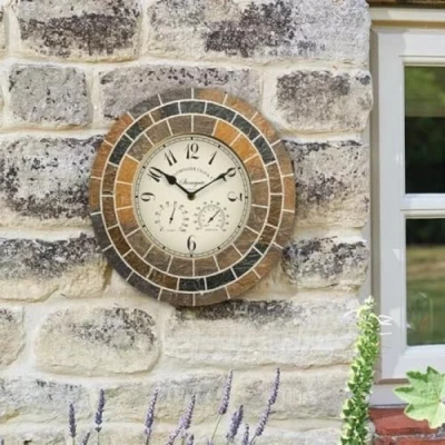 Image of Marco Paul Classic Wall Clock Collection Large Vintage Retro Style Home or Garden Clocks Indoor Outdoor Thermometer Barometer Waterproof Weatherproof Timing Living Room (Stonegate Mosaic 14&quot;)