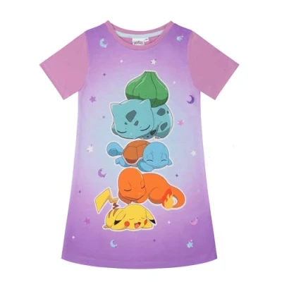 Image of Pikachu, Bulbasaur, Squirtle &amp; Charmander Girls Nightdress Nightie 11 12 Years 152cm Purple