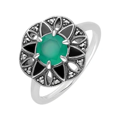 Image of Esse Marcasite Sterling Silver Black Enamel Green Chalcedony &amp; Solitaire Ring (N)