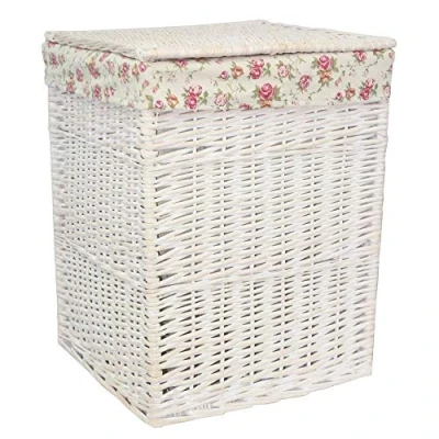Image of Red Hamper Small Square White Wash Wicker Laundry Basket Rose Lining