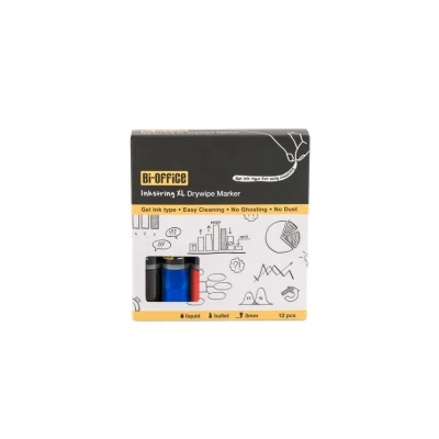 Image of Bi Office InkstringXL Dry wipe Marker for White Boards with Gel Ink and 3 mm Round Tip Black, Red Blue, Pack of 12