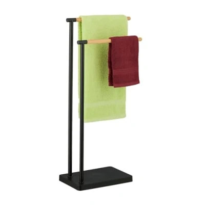 Image of Relaxdays Towel Rail, Standing, Drying Rack with 2 Bars, 78 x 36.5 20 cm, Bathroom, Stainless Steel, Bamboo, Black