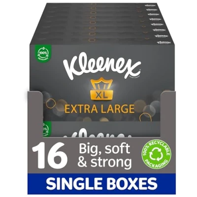 Image of Kleenex Extra Large Facial Tissues, 100% Recyclable Packaging, 16 Standard Tissue Boxes (1440 Tissues)
