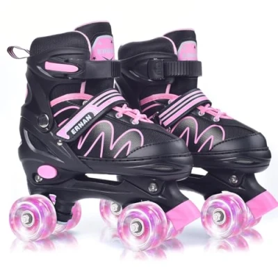 Image of ERNAN Roller skates Kids boots,8 Light up Wheels and 4 Sizes Adjustable.Rollerskates for Beginners, Suitable Indoor Outdoor (Pink, M)
