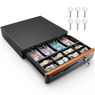 Image of Tera Auto Open Cash Register (with 5 Keys) Till Drawer Box 4 Bill 8 Coin Tray for POS System, Removable Compartment 12V RJ12 Key Lock, Media Slot Shops Businesses, 405R
