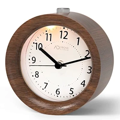 Image of aboveClock Wooden Alarm Clock Bedside, No Ticking Bedside with Snooze and Night Light Function, Analogue Battery Powered for Bedroom, Home, Kitchen, Travel, Brown
