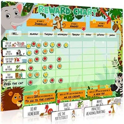 Image of Luigi&#039;s Large Safari Animal Potty Training Reward Chart Chores for Kids: Encourages Good Behaviour and Customisable Magnets Dry Erase Feature Sticker Children