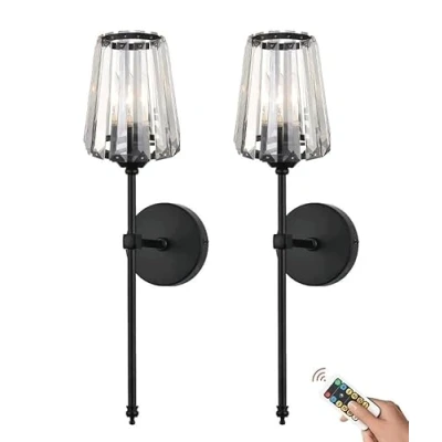 Image of Modern Wireless Wall Sconces Battery Operated Lights Set of 2, Not Hardwired USB Rechargeable Lamps, Dimmable Clear Glass Lighting Fixture for Bathroom Bedroom Vanity Living Room Hallway(Bla