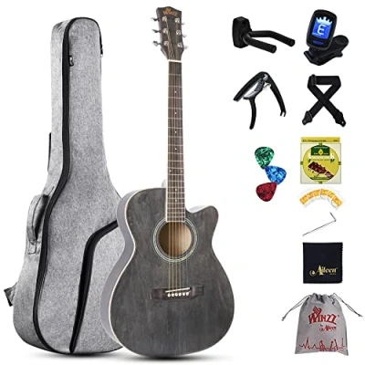 Image of Winzz 3/4 Acoustic Guitar, Beginners Guitar for Kids and Adults, Folk Black grey 36 Inches with Steel string