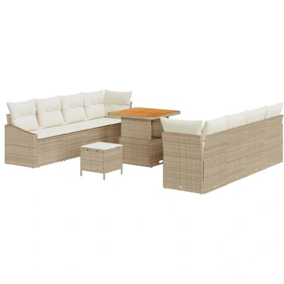 Image of vidaXL 11 Piece Garden Sofa Set with Cushions Beige Poly Rattan Acacia