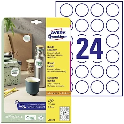 Image of AVERY Zweckform L3415 10 Round Labels (240 Stickers on Sheets, for Printing, Self Adhesive, Diameter 40 mm, A4, Adhesive Dots Labelling Documents, Products) White