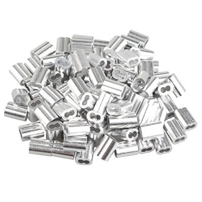 Image of Futheda 100 pcs Aluminum Crimping Loop Sleeve Clips with Double Ferrules/Holes for 2.5mm Cable Wire Rope Silver Tone