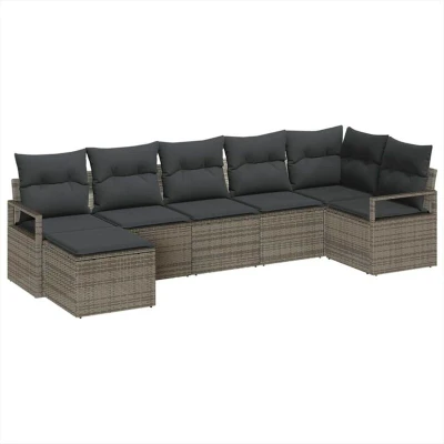 Image of vidaXL 7 Piece Garden Sofa Set with Cushions Grey Poly Rattan