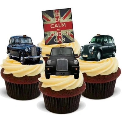Image of Keep Calm London Cab Mix 12 Edible Stand Up Premium Wafer Card Cake Toppers Decorations
