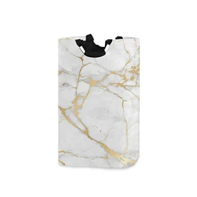 Image of NA Luxury Marble Stone Gold White Laundry Hamper Basket Bucket Foldable Dirty Clothes Bag Washing Bin Toy Storage Organizer for College Dorms, Kids Bedroom,Bathroom