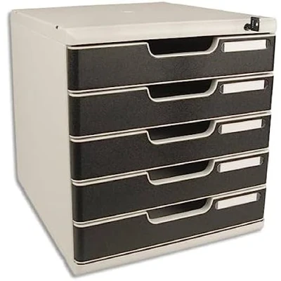 Image of Exacompta Ref 331014D Modulo Drawer Set with Key Lock 350 x 288 320mm in Size, 5 Drawers (54mm Height), Smooth Opening, Keys Supplied Office Light Grey/Black