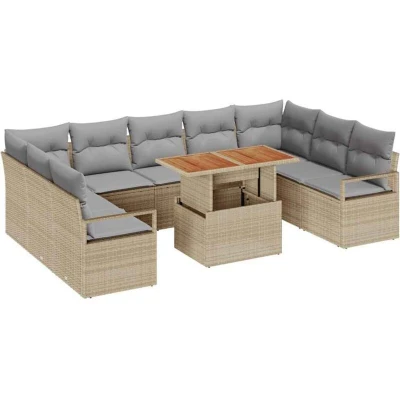 Image of vidaXL 10 Piece Garden Sofa Set with Cushions Beige Poly Rattan Acacia