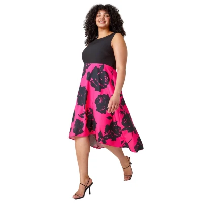Image of Roman Curve Premium Stretch Floral Midi Dress for Women UK Ladies Everyday Holiday Spring Summer Round Neckline Comfy Soft Evening Vacation Work Party Pink Size 26