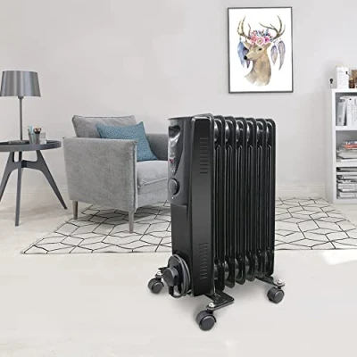 Image of NRG 1.5KW Oil Filled Radiator 7 Fins Portable Electric Heater with 3 Power Settings Adjustable Thermostat Black