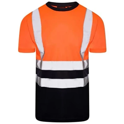 Image of Hi Viz Vis High Visibility Crew Neck Short Sleeves T Shirts Reflective Tape Safety Round Security Work Tee Two Tone Lightweight Workwear Tops (Orange/Navy Large)