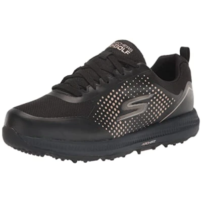 Image of Skechers Women&#039;s Go Elite 5 Arch Fit Waterproof Golf Shoe Sneaker, Black/Rose Gold Sport, 5.5