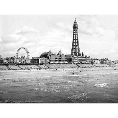 Image of Wee Blue Coo View From North Pier Blackpool Lancashire England 1895 Old BW Art Print Poster Wall Decor 12X16 Inch