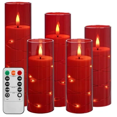 Image of Da by LED Candle Light with String Lights, Battery Opowered Remote Control and 24 Hour Timer, Flickering Flameless for Christmas Decoration, Home Decoration(Red, Set of 5)
