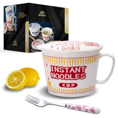 Image of ECTbicyk 1000ml Ceramic Noodle Bowl with Lid Big Ramen Set Fork Large Soup Mug Handle Cute Cereal Cup Noodles Red Microwave Safe