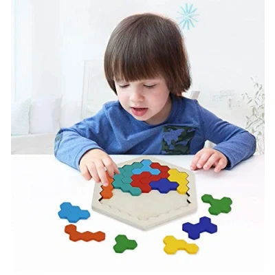 Image of Wooden Puzzles for Kids Hexagon Shape Pattern Block Brain Teaser Puzzle Toy Logic IQ Game STEM Educational Gift All Ages Challenge