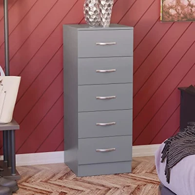 Image of Vida Designs 5 Drawer Narrow Chest Tall Bedroom Storage Unit Sliding Drawers Furniture (Grey)