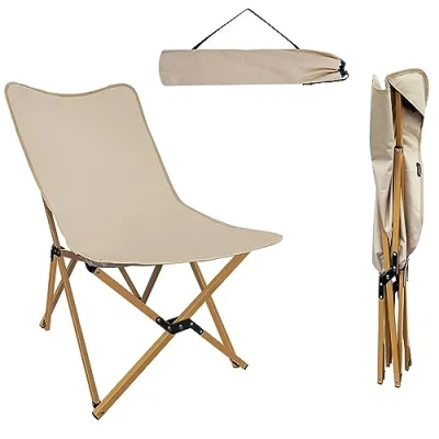 Image of Folding Butterfly Chair, Foldable Beach Deck Beige Canvas Sun Lounger with Fold Up Structure &amp; Removable Cover for Indoor, Outdoor, Garden (Khaki, Metal)