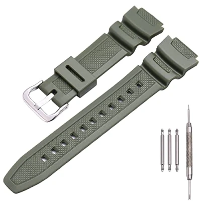 Image of MCXGL Natural Resin Replacement Watch Band Compatible with Casio AE 1200 SGW 300H MRW 200H W 735H Waterproof Rubber strap (ArmyGreen Silver buckle)