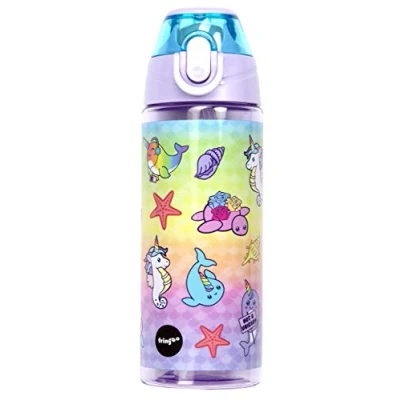 Image of Fringoo 600ml Kids Water Bottle with Straw &amp; Fliptop Lock 100% Leakproof BPA Free for School Narwhal Seahorse