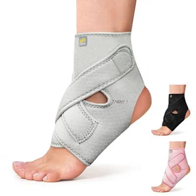 Image of BRACOO FS10 Ankle Support, Open Heel Brace with Adjustable Straps for Achilles Tendonitis, Weak Ankles, Ligament Damage, Sprains and Sports Injuries (Grey, S/M)