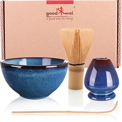 Image of Goodwei Premium Matcha Tea Set Ceremonial Bowl Chawan, Whisk and Holder + Gift Box (Safaia, 80)