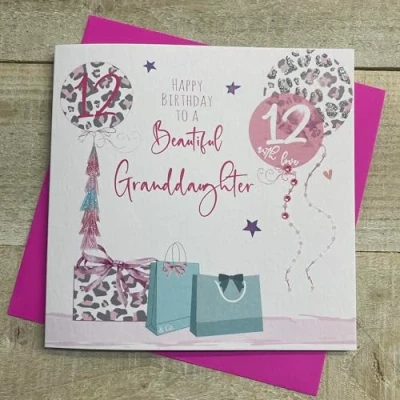 Image of WHITE COTTON CARDS GRANDDAUGHTER AGE 12 LEOPARD PRINT PRESSIES &amp; BALLOONS BIRTHDAY CARD, HAND FINISHED (S273 12)