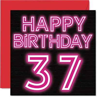 Image of Fun 37th Birthday Cards for Men Woman Neon Glow Happy Card Dad Mum Son Daughter Brother Sister Uncle Auntie Cousin, 145mm x Greeting Cards,